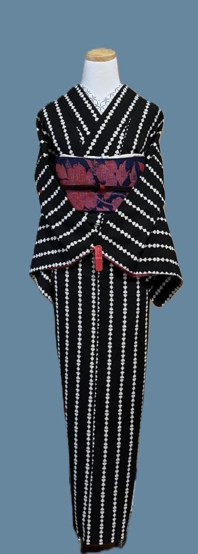 着物１２　ふりふ　いろはトランプストライプ柄袷着物　黒　身丈１６５裄丈６９