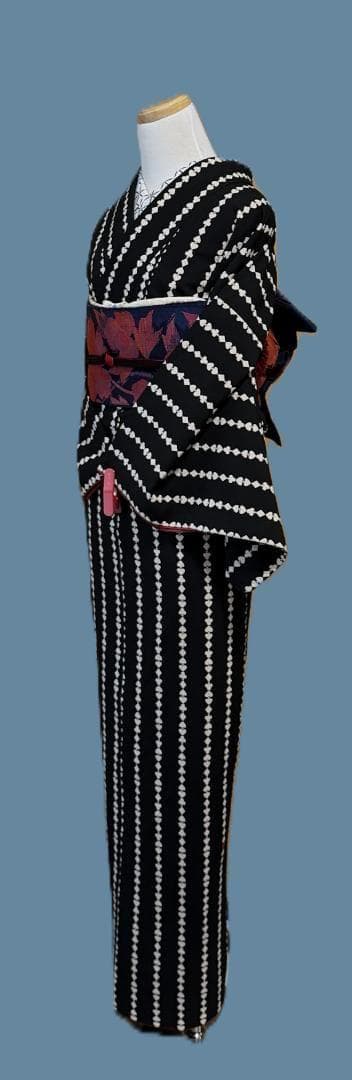 着物１２　ふりふ　いろはトランプストライプ柄袷着物　黒　身丈１６５裄丈６９