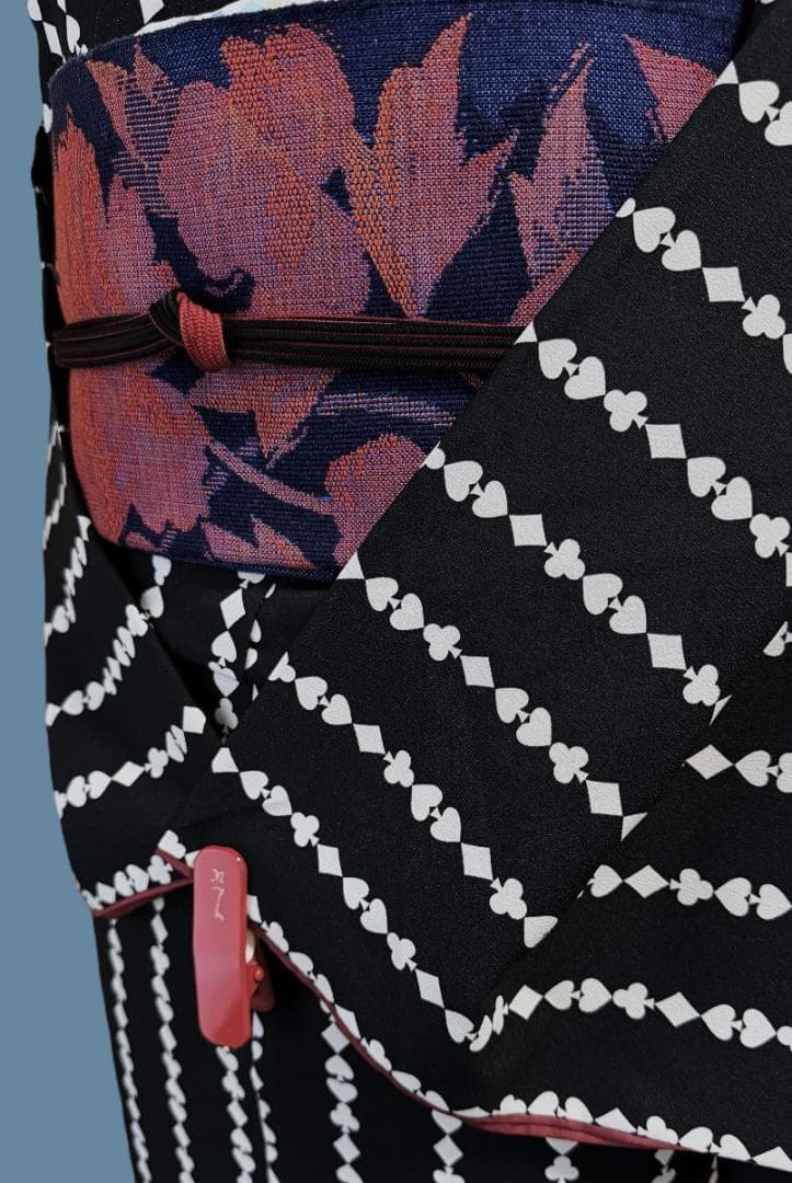 着物１２　ふりふ　いろはトランプストライプ柄袷着物　黒　身丈１６５裄丈６９