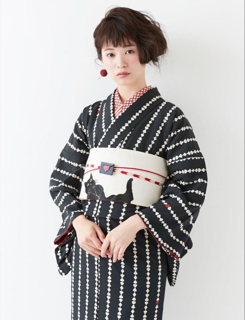着物１２　ふりふ　いろはトランプストライプ柄袷着物　黒　身丈１６５裄丈６９