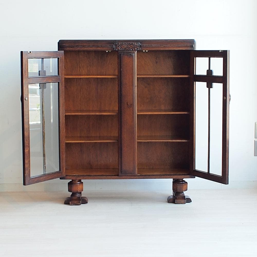 英国アンティーク ガラス扉のキャビネット オーク材 収納 本棚 飾り棚