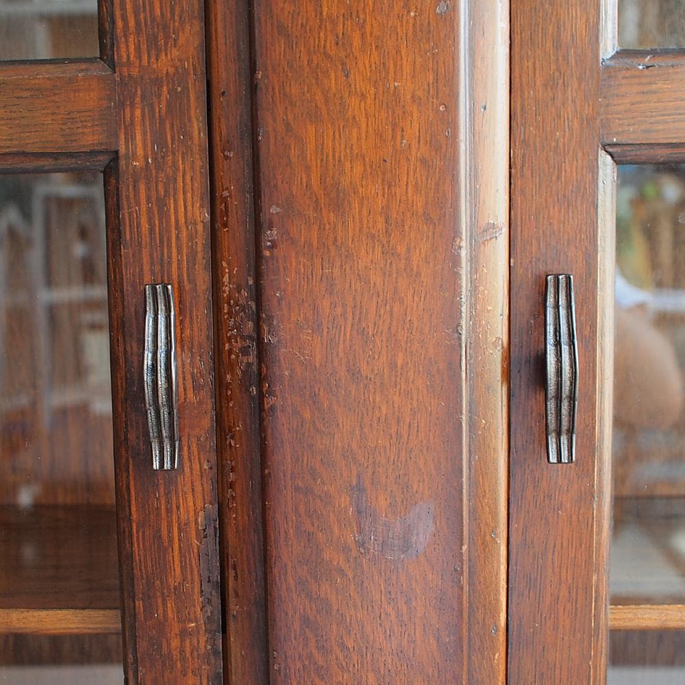 英国アンティーク ガラス扉のキャビネット オーク材 収納 本棚 飾り棚