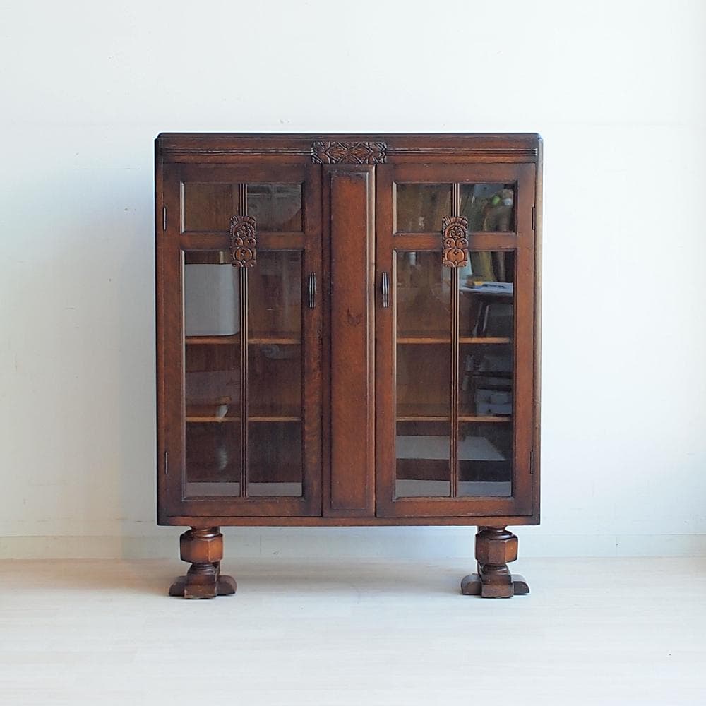 英国アンティーク ガラス扉のキャビネット オーク材 収納 本棚 飾り棚