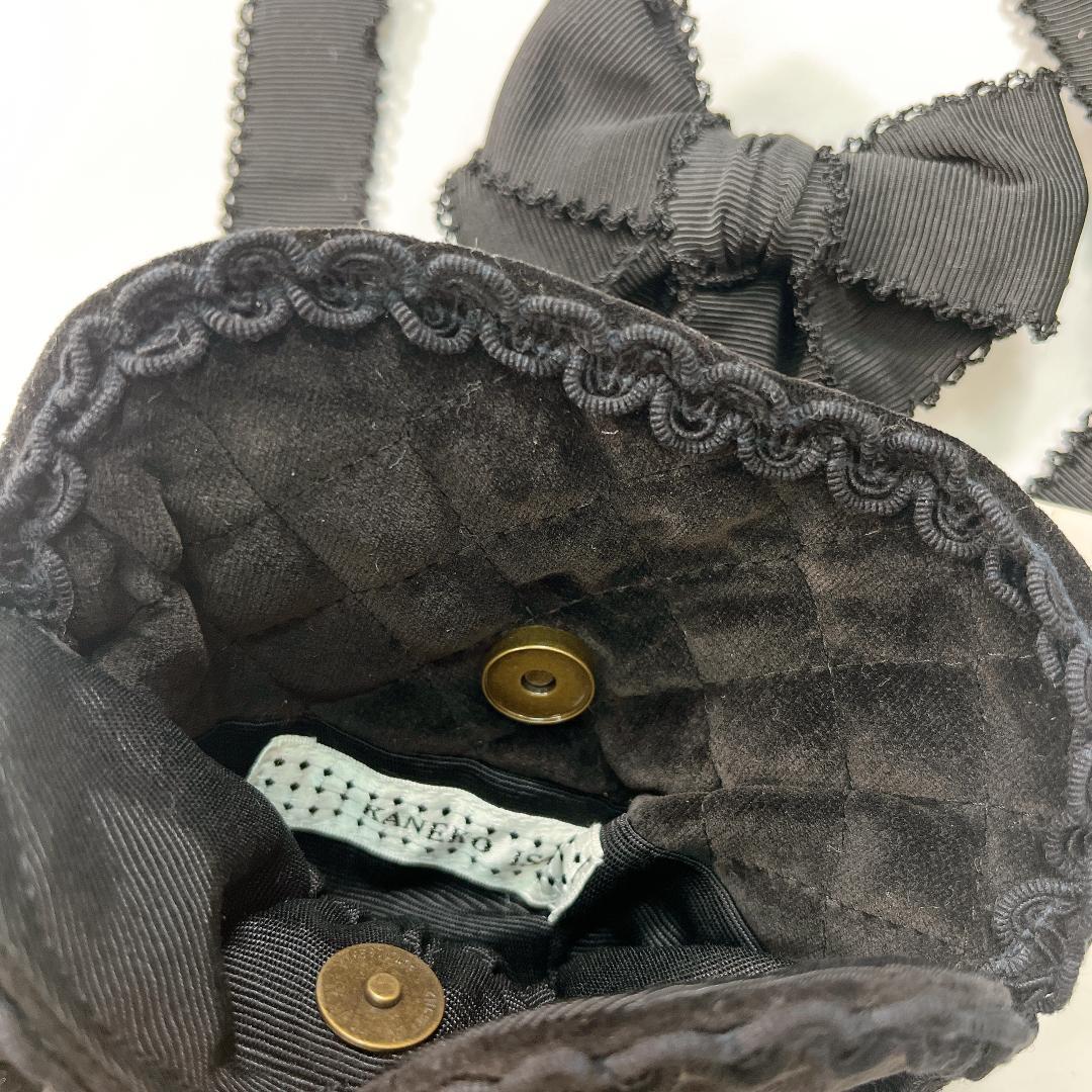 美品 KANEKO ISAO ひょうたん ポシェット ベロア 黒 リボン レース