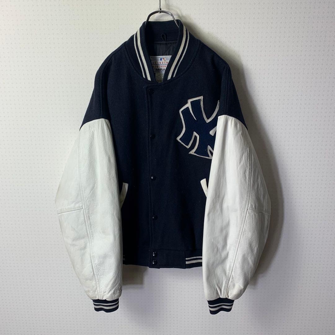 90s mirage ヤンキース スタジャン 袖レザー メルトン カナダ製 紺白