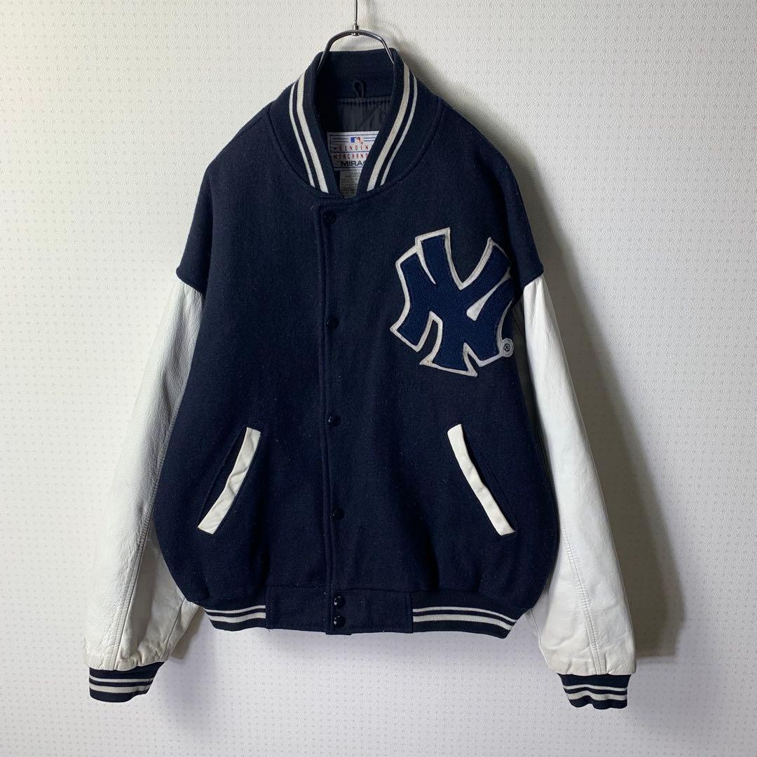 90s mirage ヤンキース スタジャン 袖レザー メルトン カナダ製 紺白