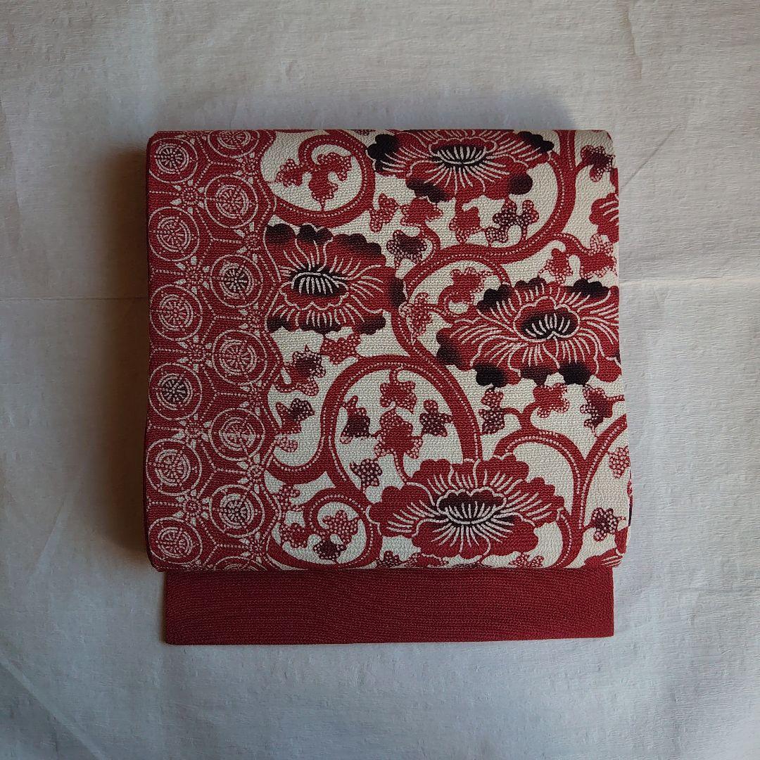 大人可愛い花唐草模様 草木手染めのちりめん開き名古屋帯