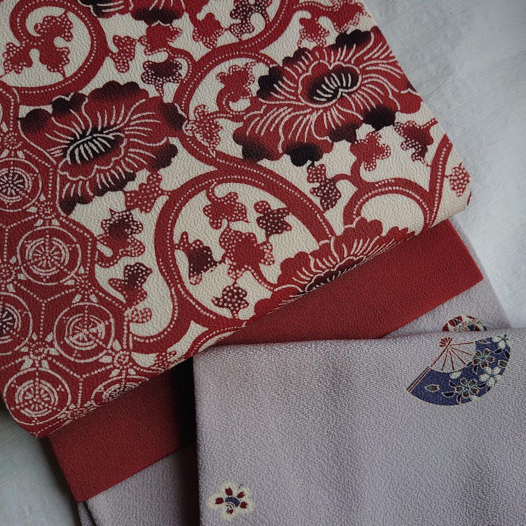 大人可愛い花唐草模様 草木手染めのちりめん開き名古屋帯