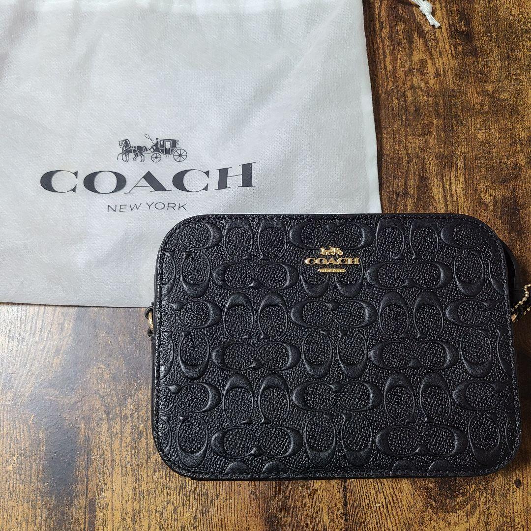 新品未使用 COACH レザー ショルダーバッグ エンボス加工 斜め掛け 黒