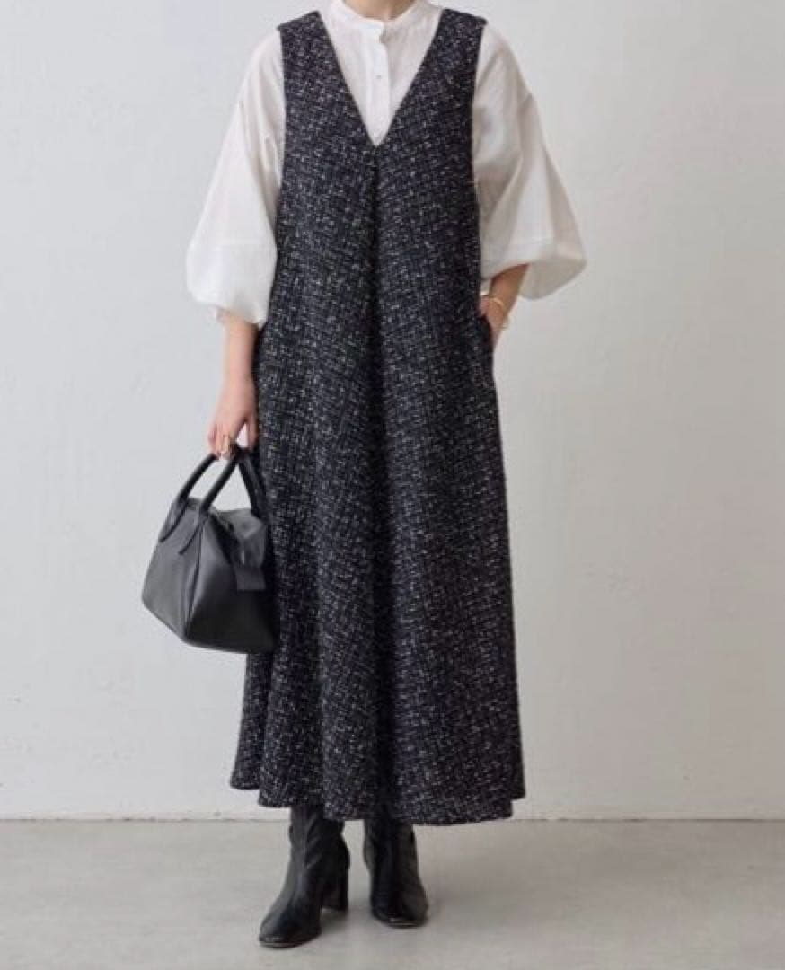 きーぶー　新品タグ付　ビアズリー ツィードフレアワンピース　ブラック系