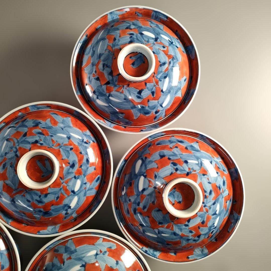 A1354-7/有田焼/源右衛門窯/赤濃唐草文蓋碗5客/共箱/蓋物/懐石道具/