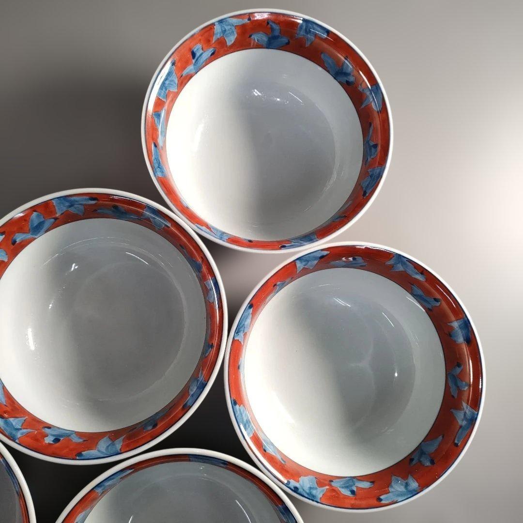 A1354-7/有田焼/源右衛門窯/赤濃唐草文蓋碗5客/共箱/蓋物/懐石道具/