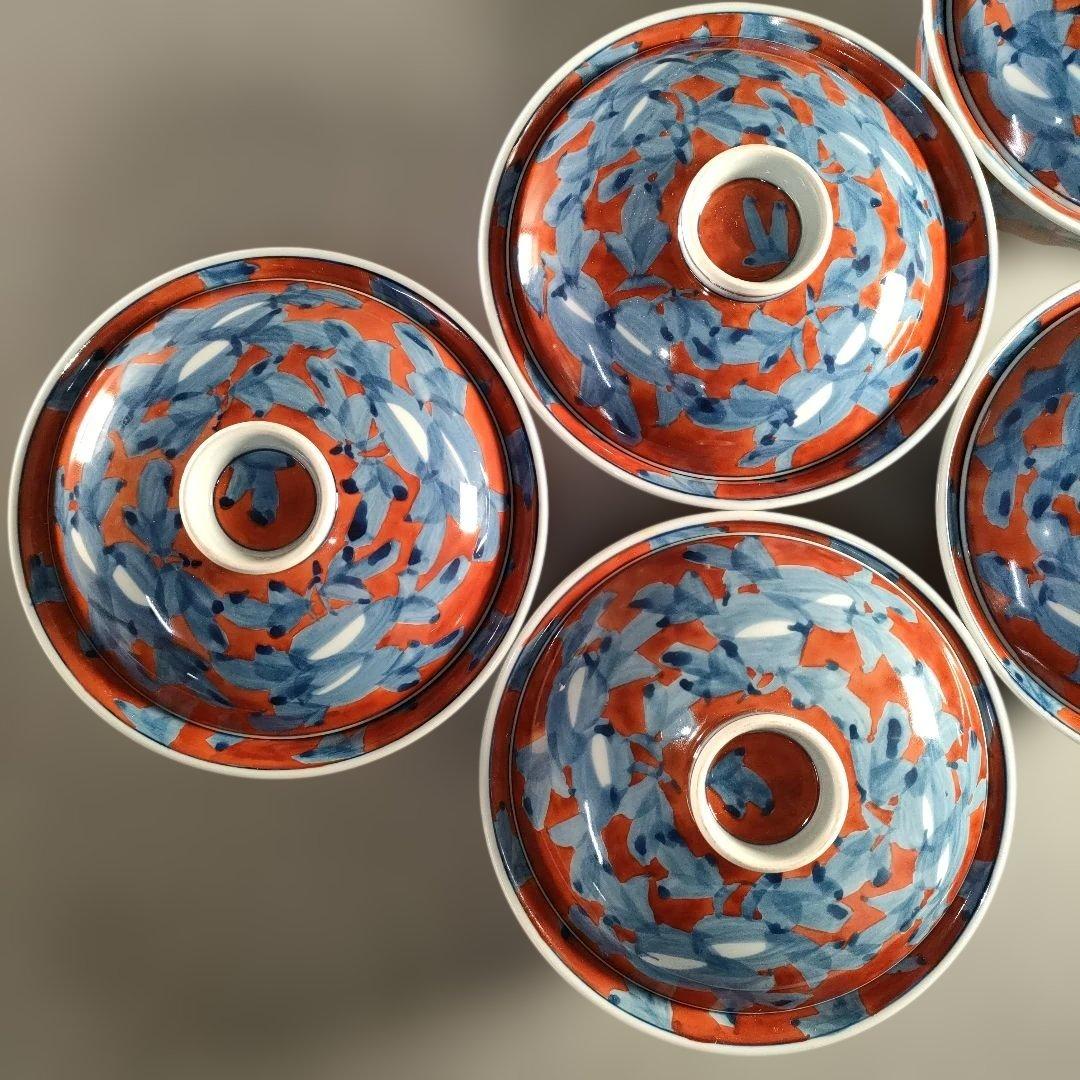 A1354-7/有田焼/源右衛門窯/赤濃唐草文蓋碗5客/共箱/蓋物/懐石道具/