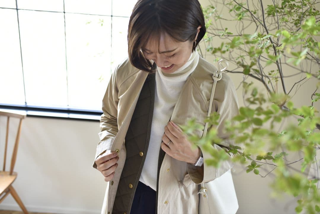 OUR ロング丈キルティングベスト【オリーブ】