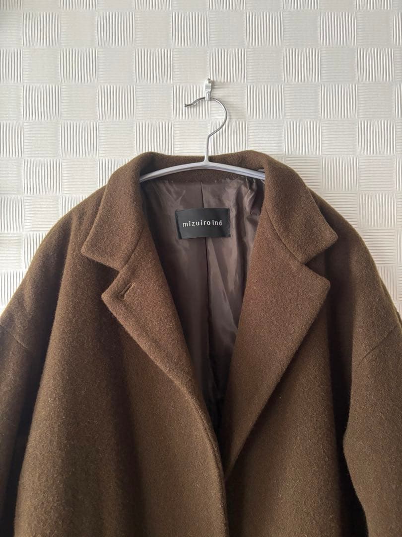 ミズイロインド　ウールブレンドスタンドカラーコート　カーキ　美品