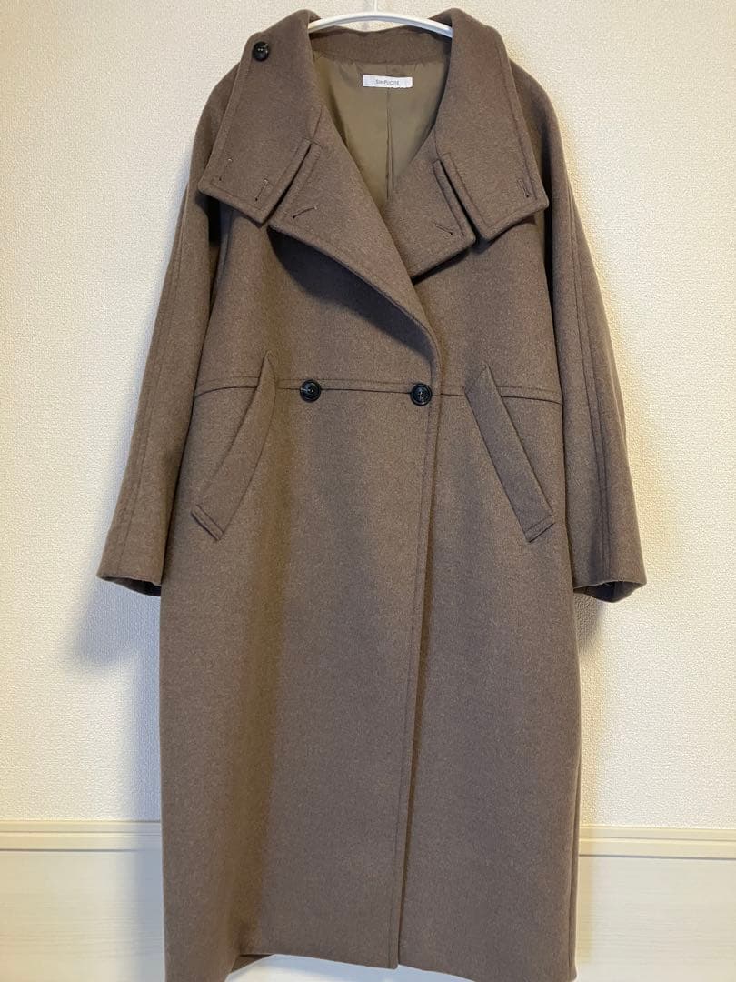 美品　シンプリシティエ Wビーバーコクーンスタンドカラー ロングコート ブラウン