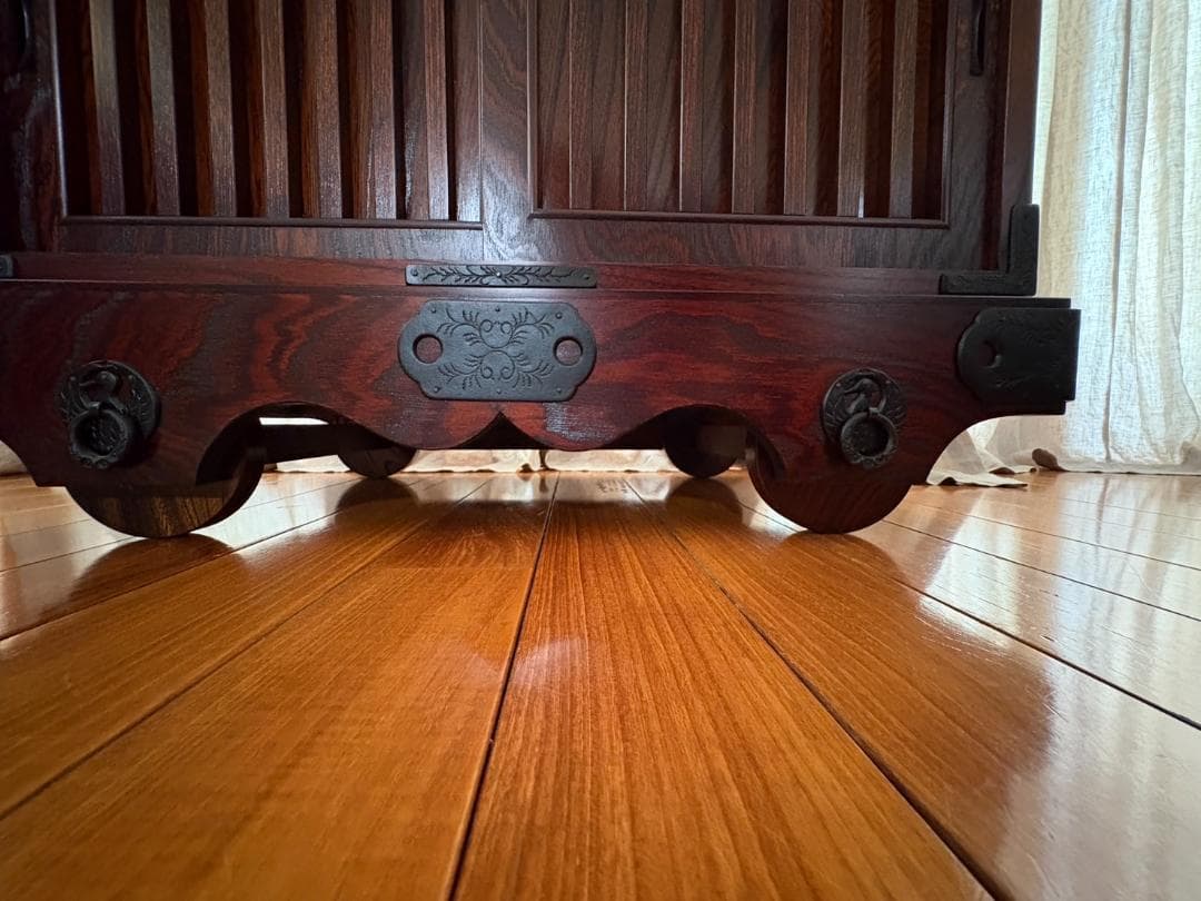 美品 岩谷堂箪笥 車タンス 帳場タンス 民芸家具 オリジナル格子140413錠付