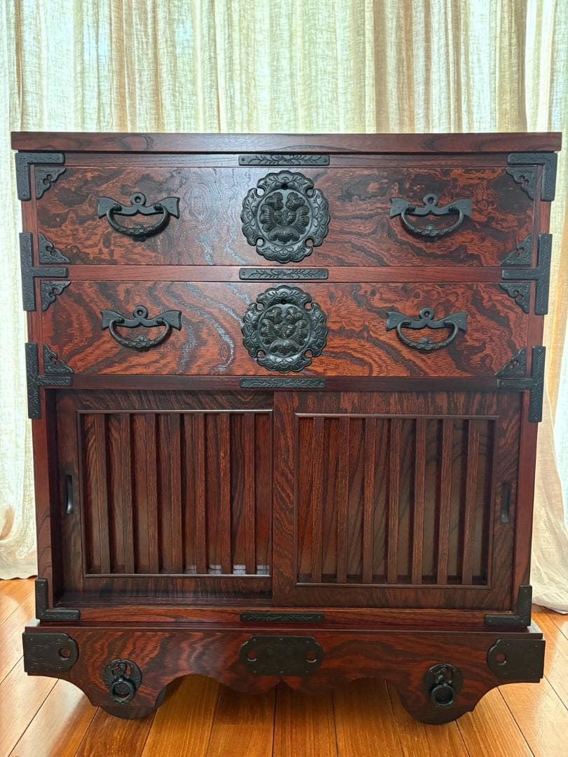 美品 岩谷堂箪笥 車タンス 帳場タンス 民芸家具 オリジナル格子140413錠付