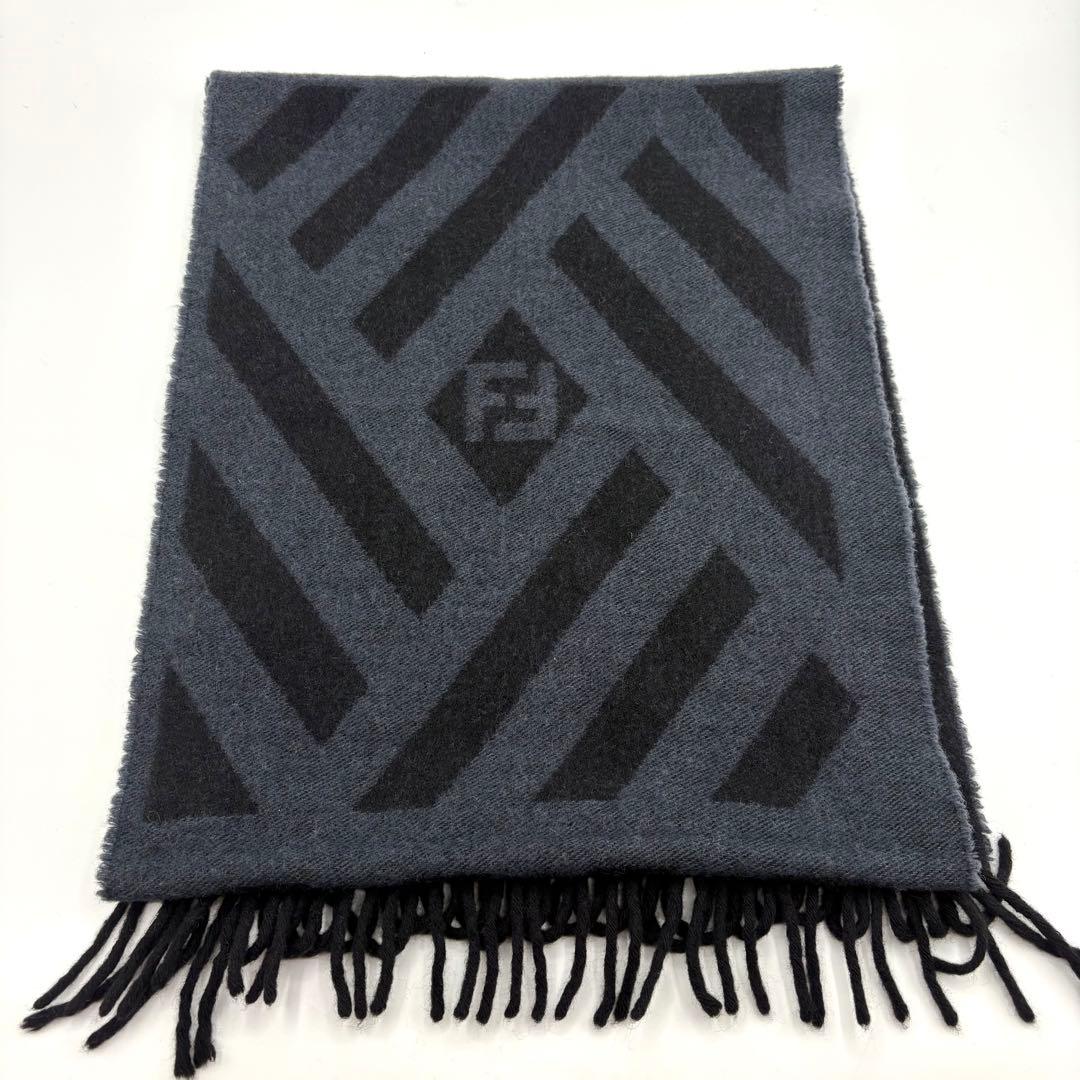 美品 フェンディ FENDI ズッカ マフラー ウール カシミヤ 刺繍ロゴ 紺