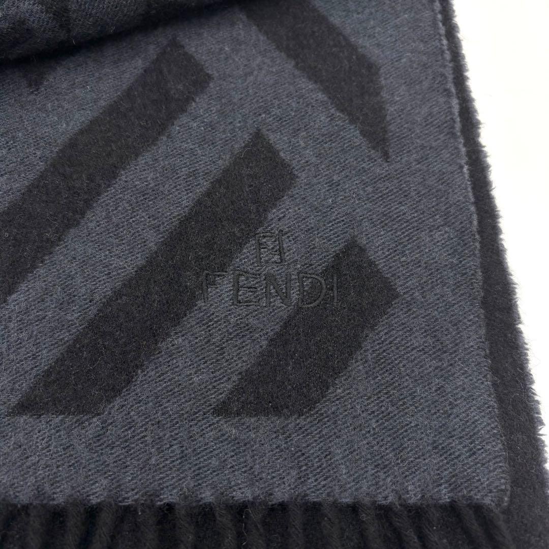 美品 フェンディ FENDI ズッカ マフラー ウール カシミヤ 刺繍ロゴ 紺