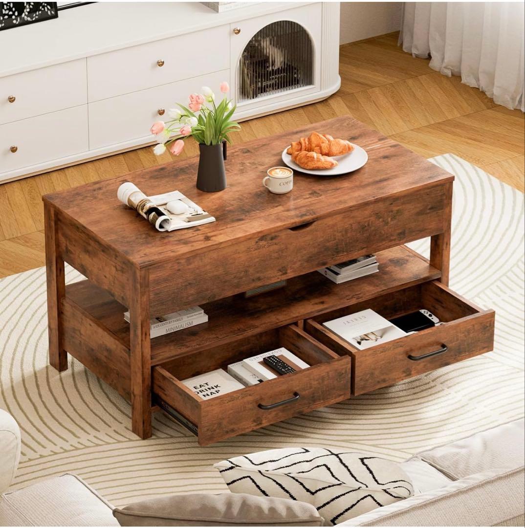 ローテーブル 昇降式 木製 コーヒーテーブル 引き出し付き 収納付き センター