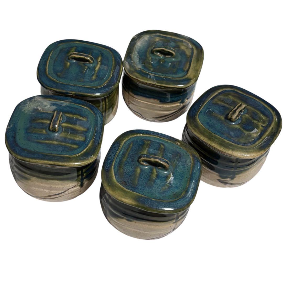 【希少品】加藤作助 織部 蓋付向付 5客揃 瀬戸焼 美濃焼 骨董