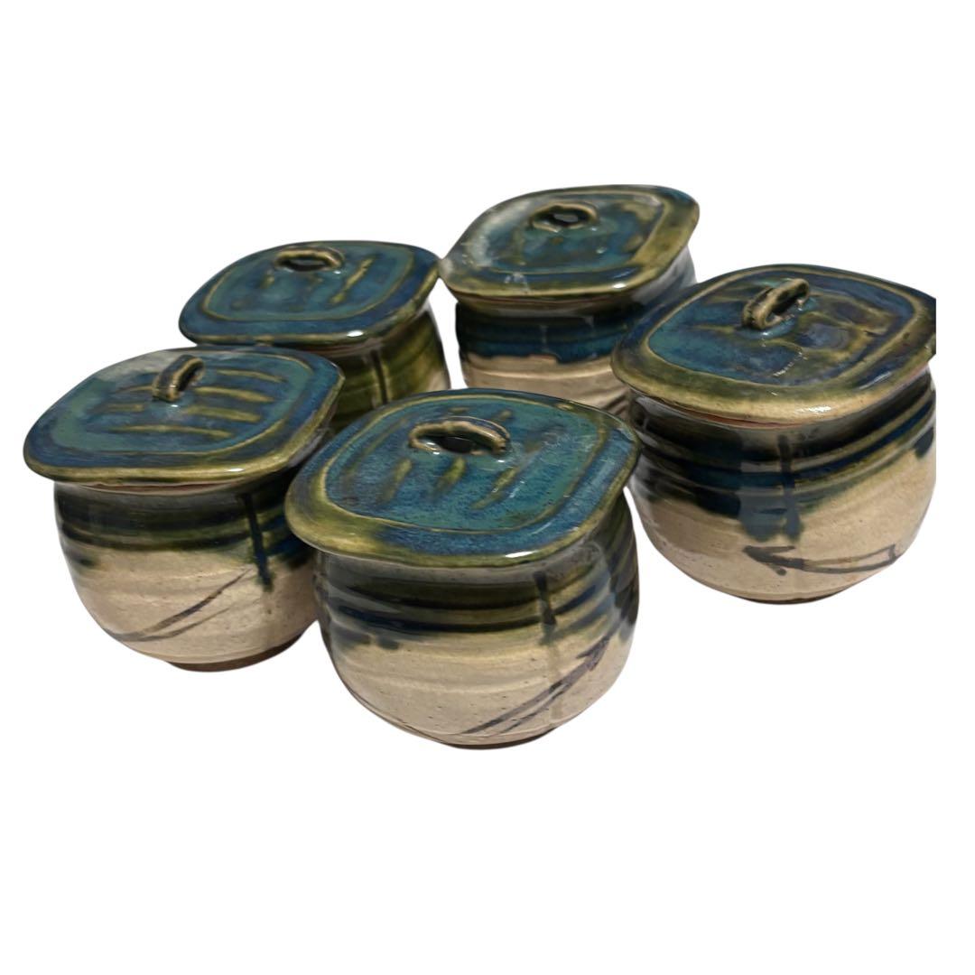 【希少品】加藤作助 織部 蓋付向付 5客揃 瀬戸焼 美濃焼 骨董