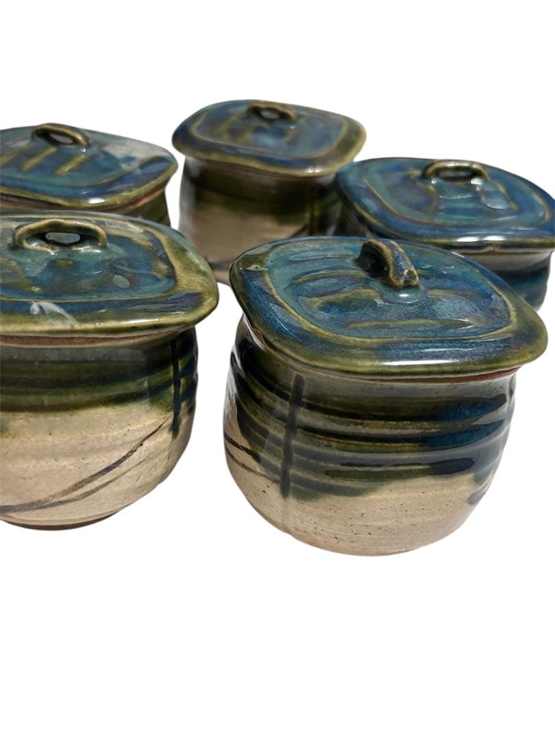 【希少品】加藤作助 織部 蓋付向付 5客揃 瀬戸焼 美濃焼 骨董