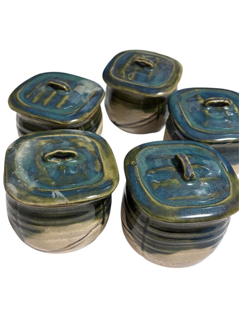 【希少品】加藤作助 織部 蓋付向付 5客揃 瀬戸焼 美濃焼 骨董