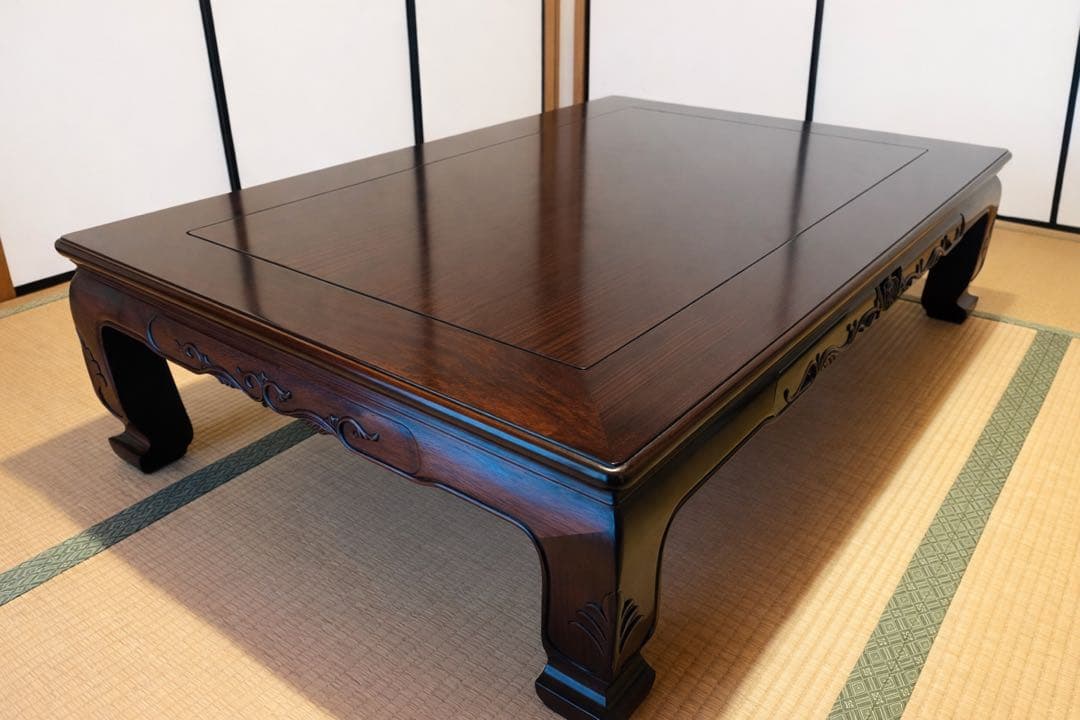 重厚感のある彫刻脚 和風座卓｜木製 座敷机 ダークブラウン