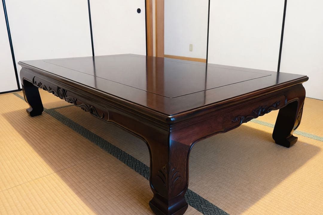 重厚感のある彫刻脚 和風座卓｜木製 座敷机 ダークブラウン