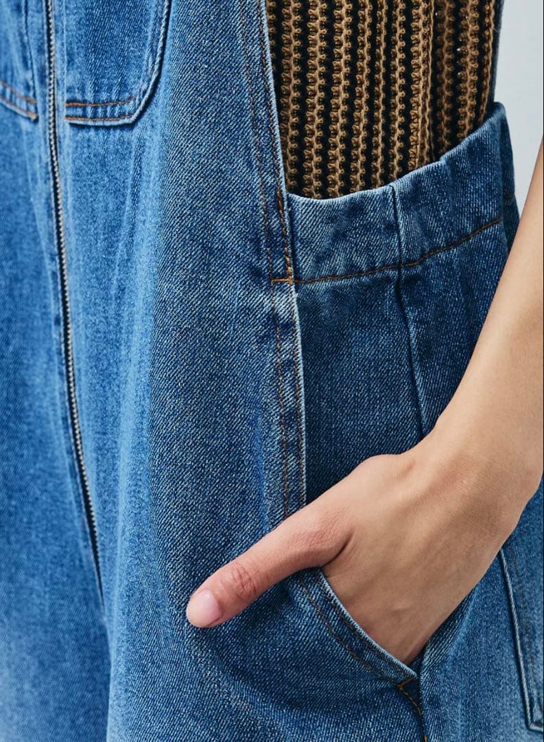 新品未使用タグ付 イアム フロントジップストラップデザインデニムサロペット