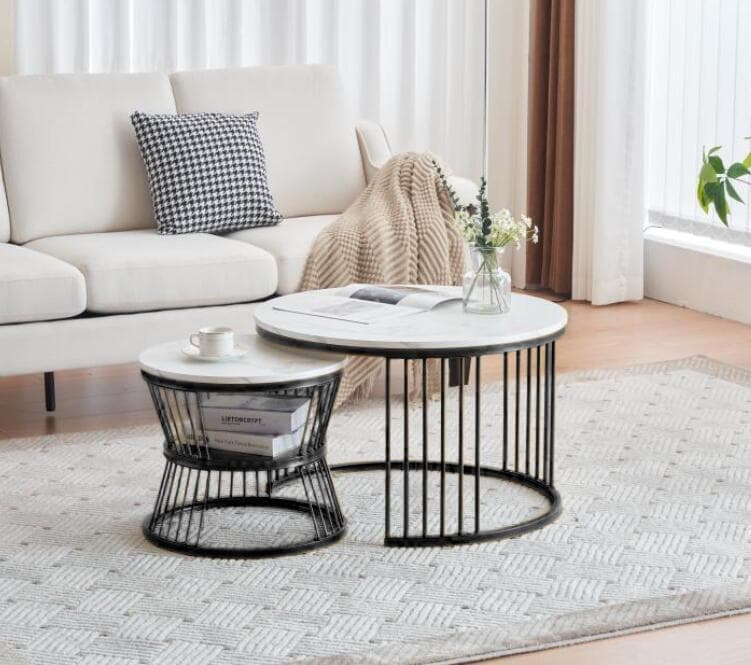 超人気！大理石調 波紋 円型 テーブル 2個セット【ホワイト（ブラック脚） 】