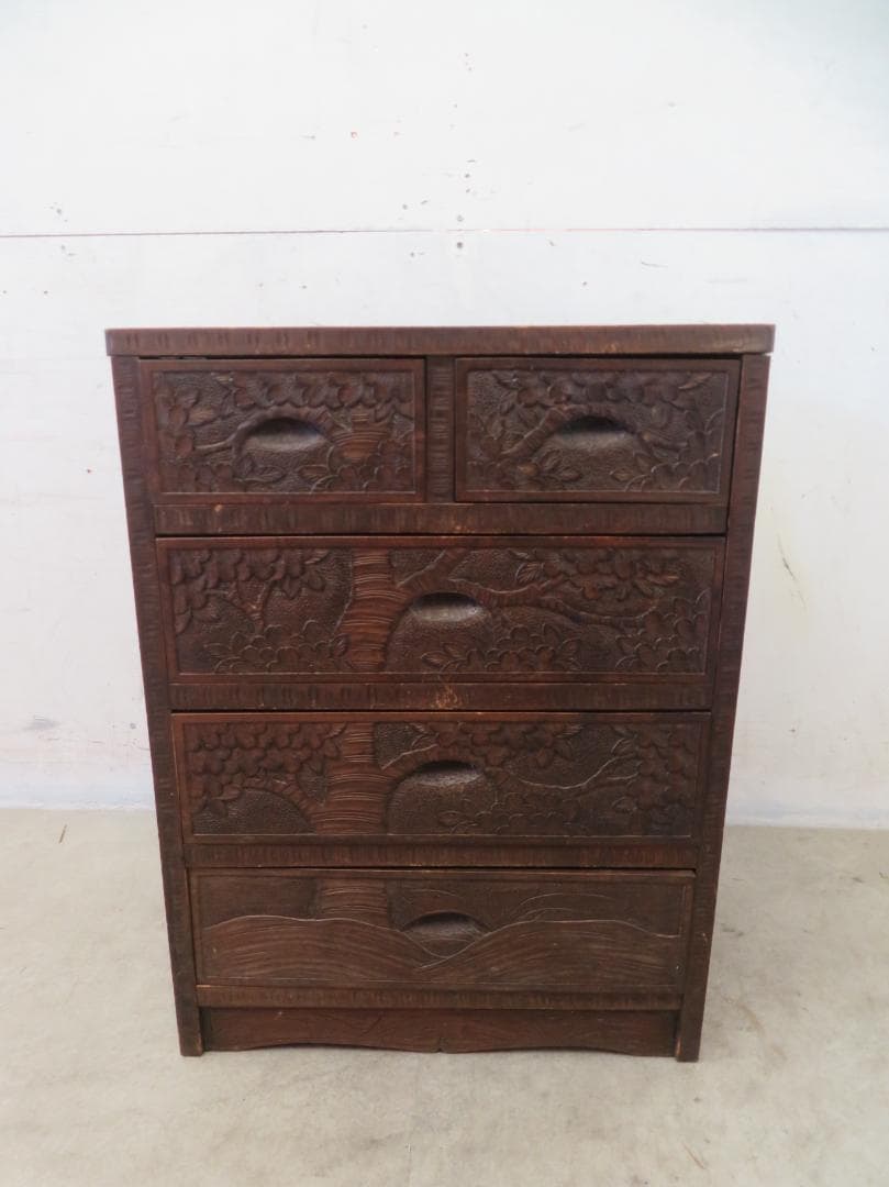 軽井沢彫■整理箪笥■4段5杯■チェスト■伝統工芸■高級■桜吉野柄■彫刻■手彫り■