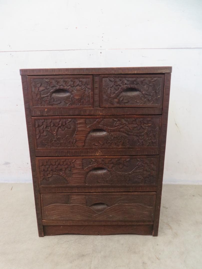 軽井沢彫■整理箪笥■4段5杯■チェスト■伝統工芸■高級■桜吉野柄■彫刻■手彫り■