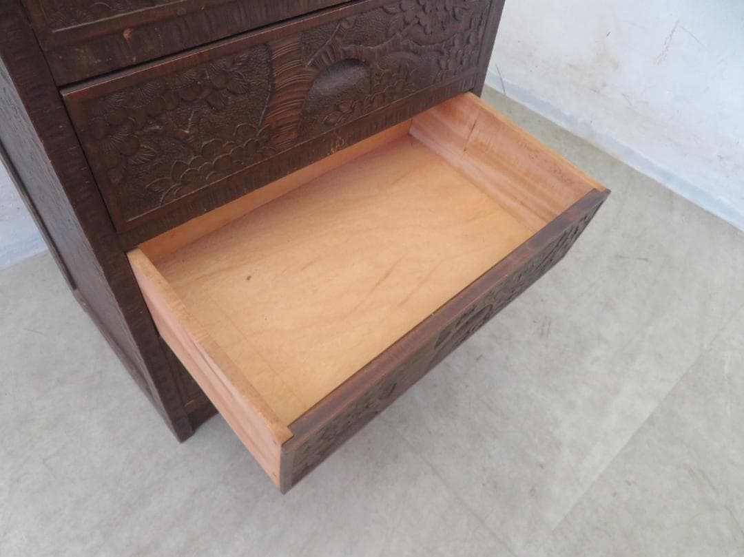 軽井沢彫■整理箪笥■4段5杯■チェスト■伝統工芸■高級■桜吉野柄■彫刻■手彫り■