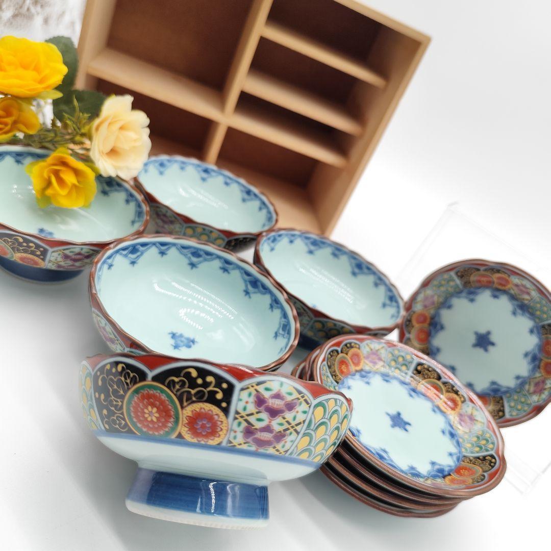 有田焼 聖山窯　丸紋 古伊万里 高台小鉢　小皿 10客 金彩 赤絵