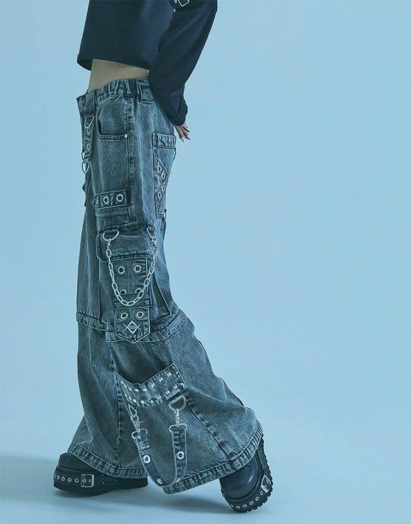 REFLEM レフレム 2WAYボンテージワイドデニムカーゴパンツ グレー