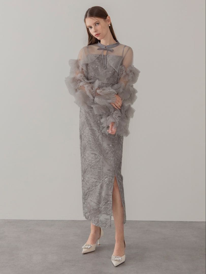 フリルチュールスリーブリボンIラインワンピースドレス結婚式二次会パーティー成人式