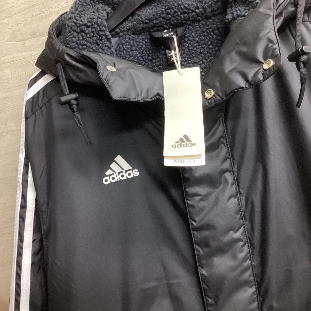 アディダス　ロングベンチコート　メンズ　Mサイズ　フード付き　スリーストライプス