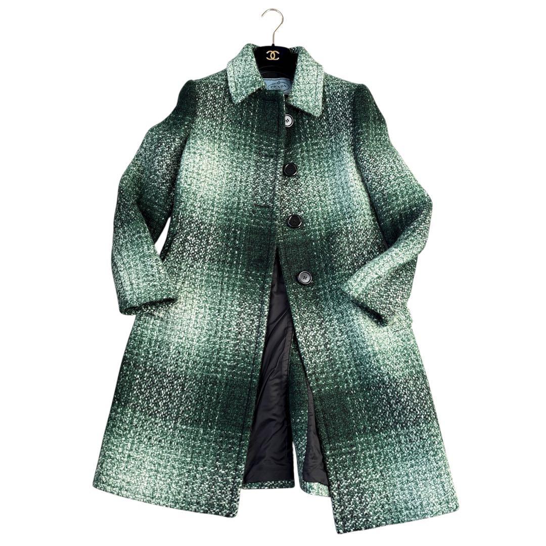 極美品 PRADA ツイード ロングコート 42サイズ 希少カラー グリーン