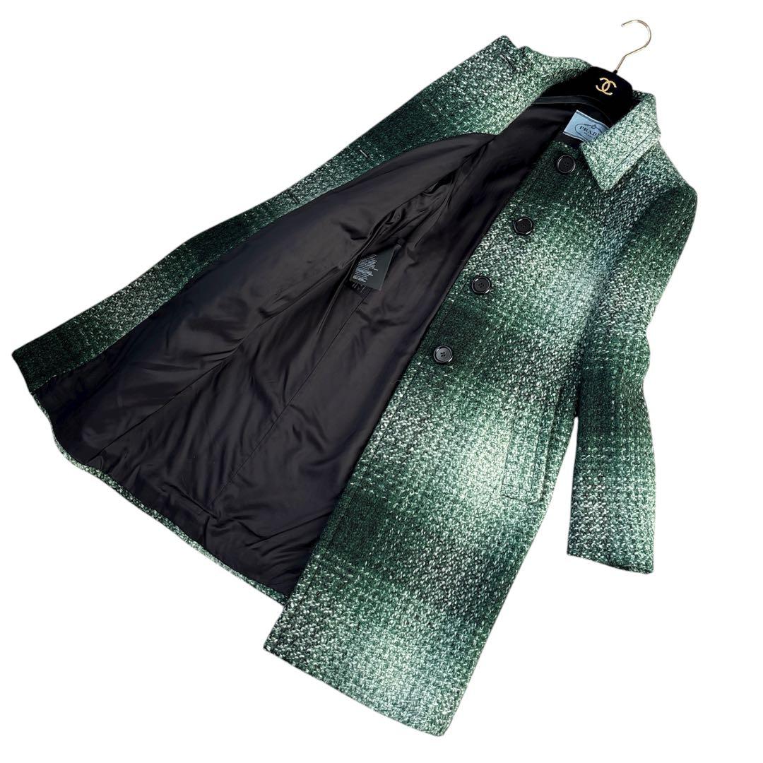 極美品 PRADA ツイード ロングコート 42サイズ 希少カラー グリーン