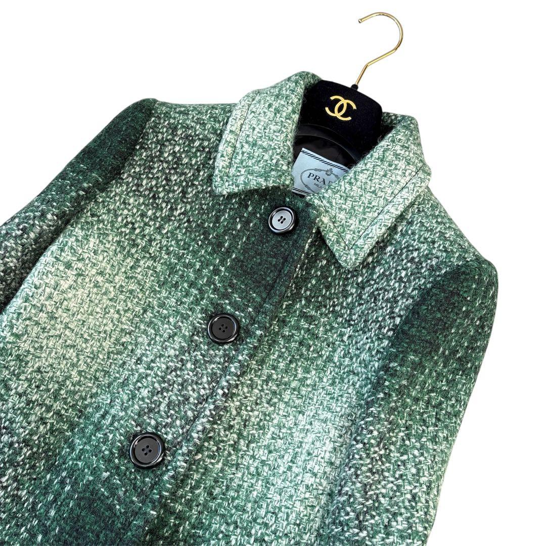 極美品 PRADA ツイード ロングコート 42サイズ 希少カラー グリーン