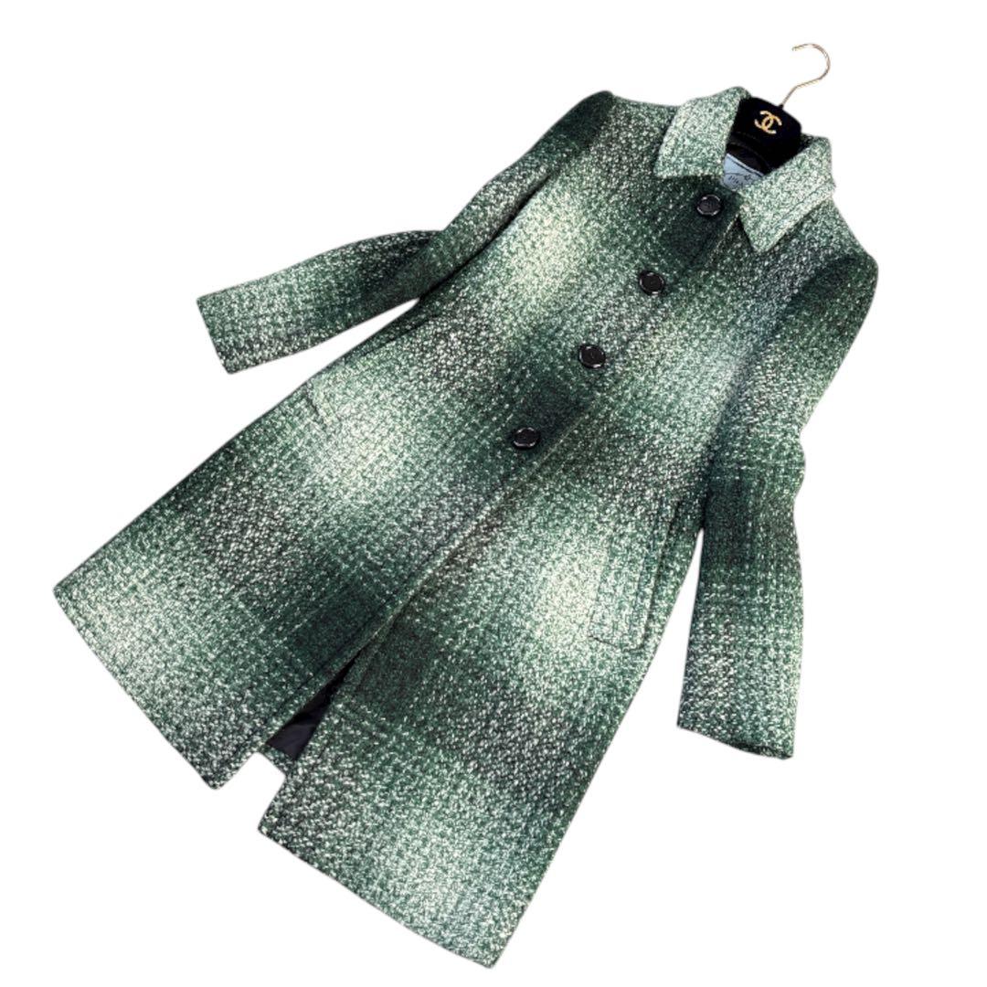 極美品 PRADA ツイード ロングコート 42サイズ 希少カラー グリーン