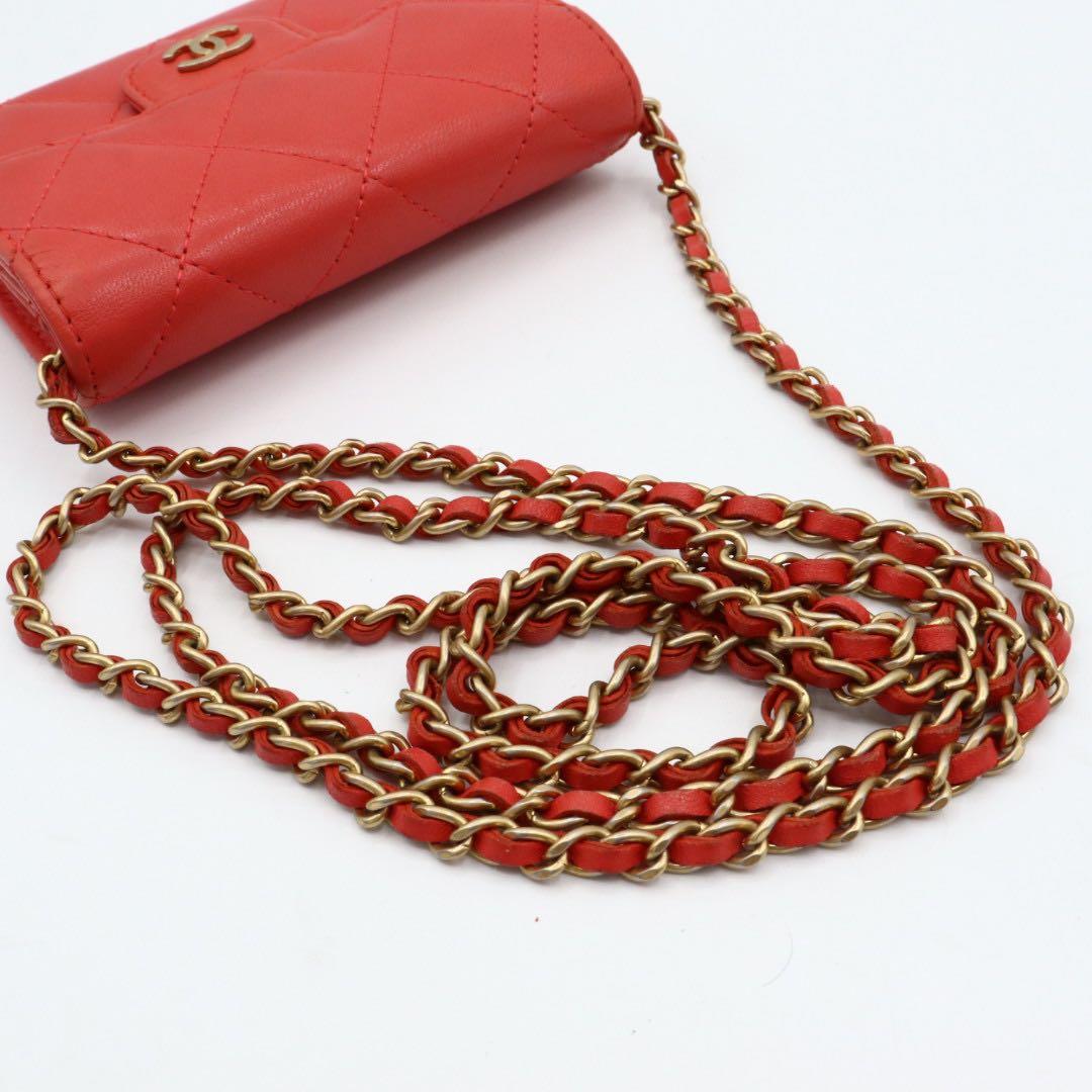 美品　シャネル　ラムスキン　マトラッセ　チェーンウォレット　長財布　レッド