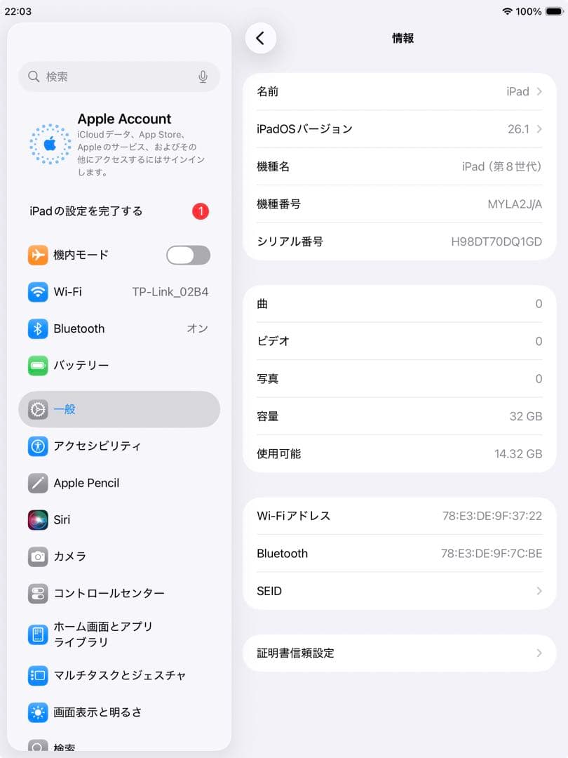 iPad 第8世代 32GB wifiモデル　管理番号：294