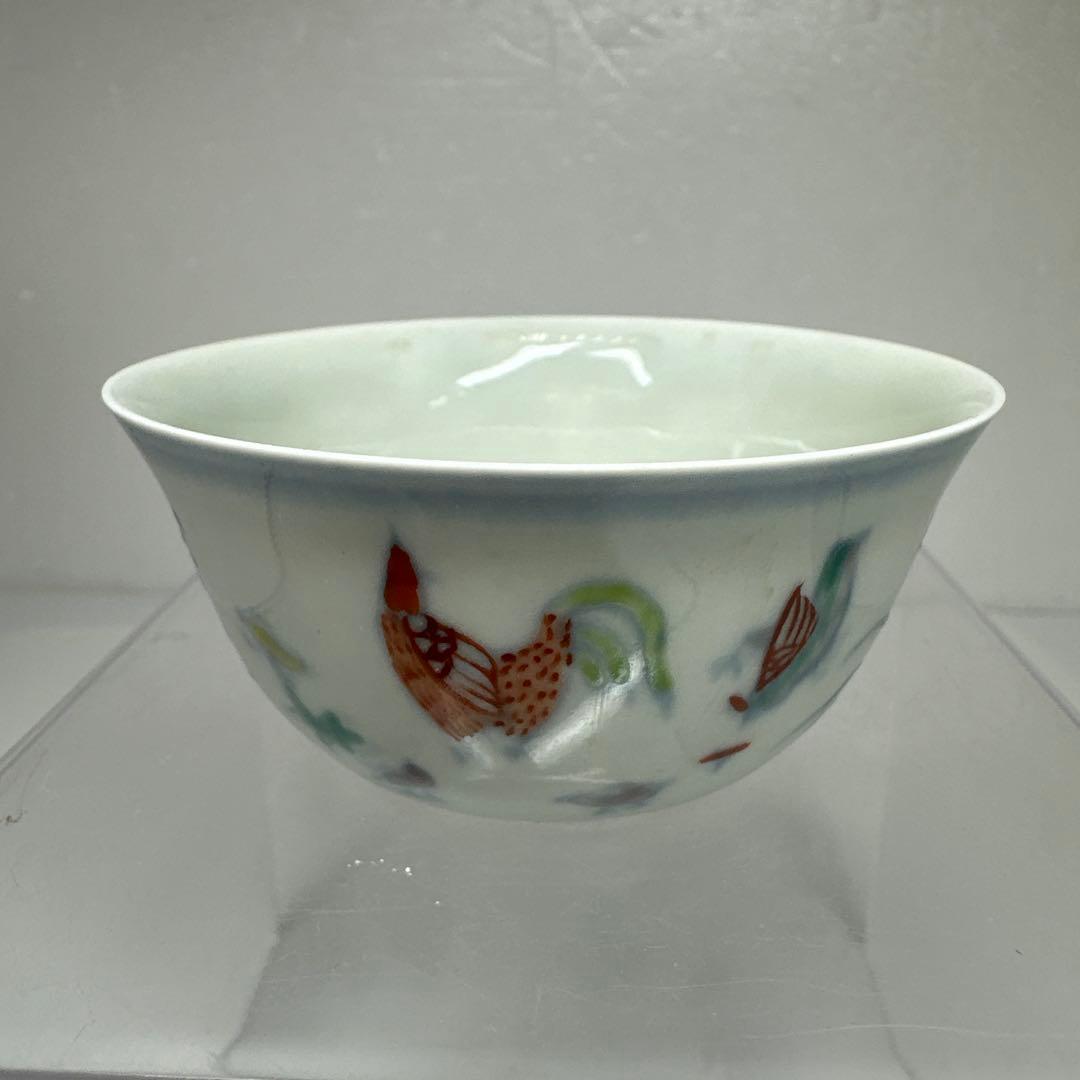 中国古玩　大明成化年製　豆彩チキンカップ　口径8.2㎝　東さ7-0411①