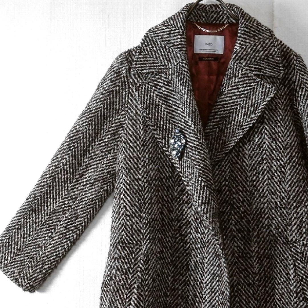 イネド / ヘリンボーン ロングコート ベルト付 7号 日本製 ウール 上品