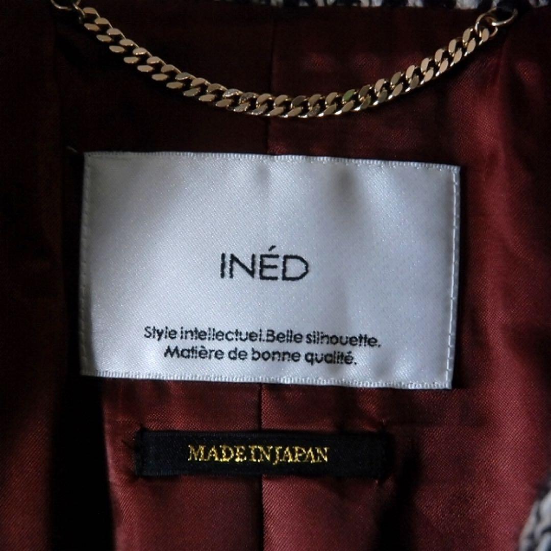 イネド / ヘリンボーン ロングコート ベルト付 7号 日本製 ウール 上品