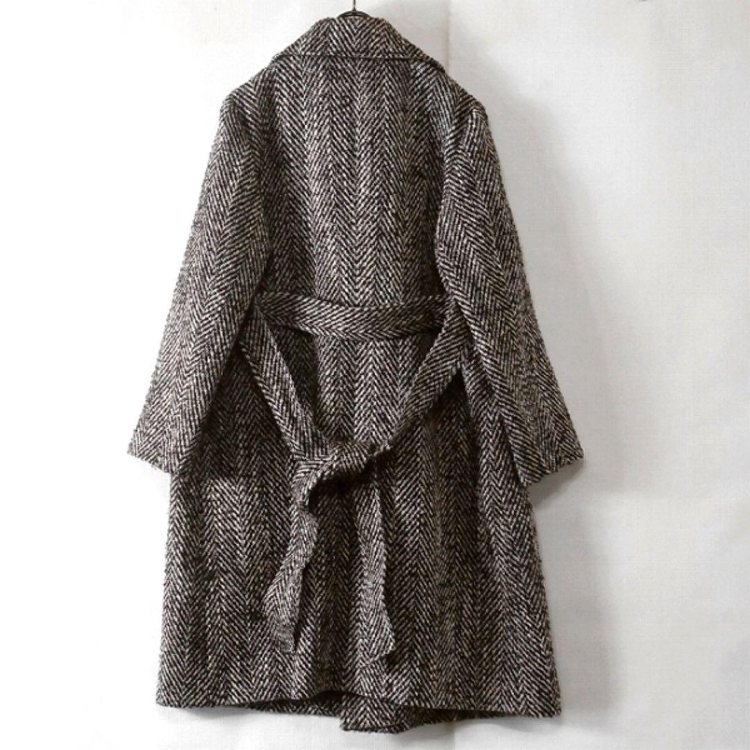 イネド / ヘリンボーン ロングコート ベルト付 7号 日本製 ウール 上品